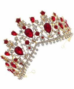 Queen Red Crown, Crystal Wedding Tiara, Quinceanera Headpiece, Gold Tiara