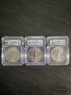 86/87/88 American Silver Eagle 3-Coin Lot  Signed ICG MS70 FIRST 3 YEARS