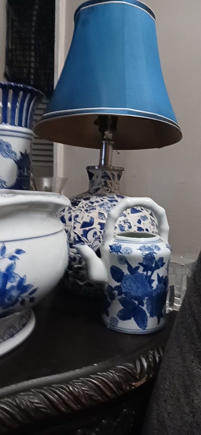 Blue China Lamp And Other Pots