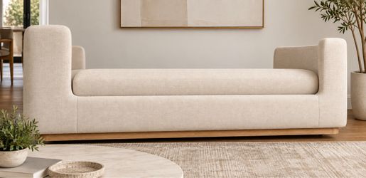 ✨ Restoration Hardware - Modern Sculptural Upholstered Bench / Sofa – Beige & Wood