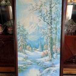 Gorgeous Winter Scene Cabin Near Frozen Lake Painting Framed 27" x 52"