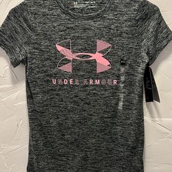 Under Armour Girls Heat Gear T-Shirt Gray With Pink Logos NWT YMD/JM/M