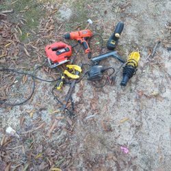 Plug In Electric Drill And Table Saw And Sander And Battery Powered Shop Light