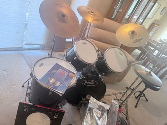 Complete Pacific Acoustic 5-Piece Complete Drum Set w/ Zildjian Cymbals, Hardware & Throne – Ready to Play
