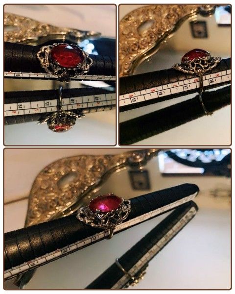 VINTAGE MID CENTURY ART DECO ART NOUVEAU RED PINK RUBY GLASS RHINESTONE CRYSTAL SILVER FILIGREE VICTORIAN ADJUSTABLE QRING