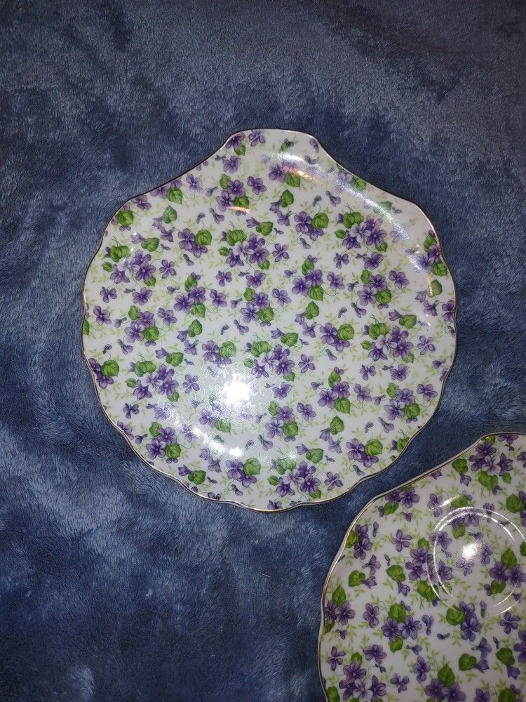 3 Hand-Painted Violet Chintz Snack Lefton Japan Plates #638
