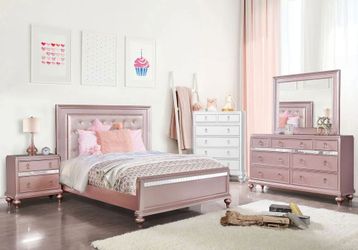  4 Piece Rose Gold Bedroom Set - Bed (Twin, Full or Queen), Nightstand, Dresser & Mirror