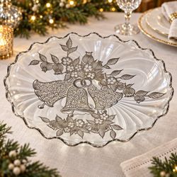 Vtg Silver City Sterling on Crystal Christmas Bells Scalloped Serving Platter