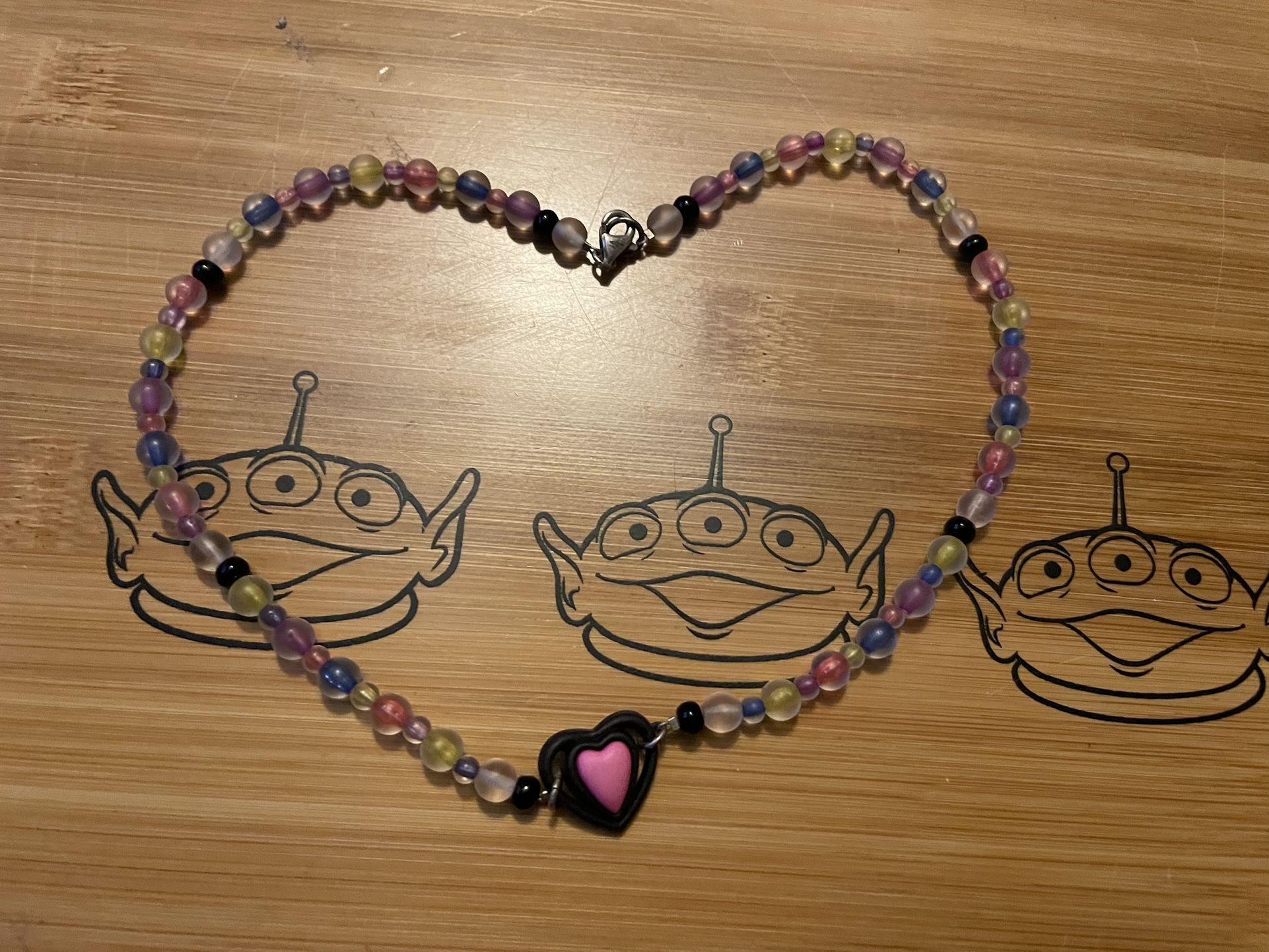 Kuromi Sanrio Black And Pink Heart Beaded Necklace Sterling Silver 