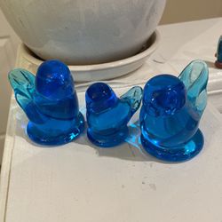 3 Blue Glass Birds Paperweight 