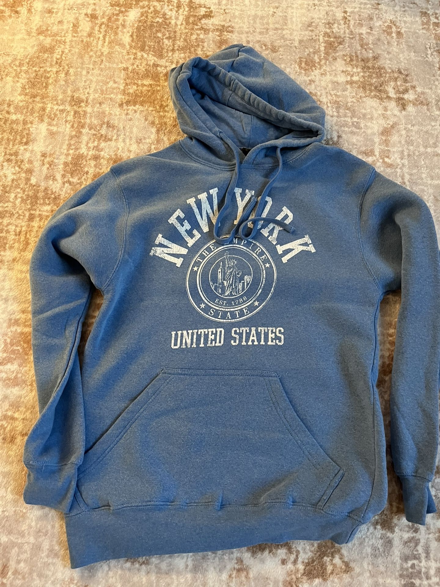 New York Empire State Hoodie Blue Small Vintage Style Pullover Sweatshirt