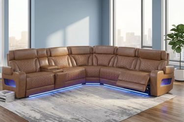 Brand New Brown Top Grain Leather Zero Gravity Power Reclining Sectional Sofa w LED Lights