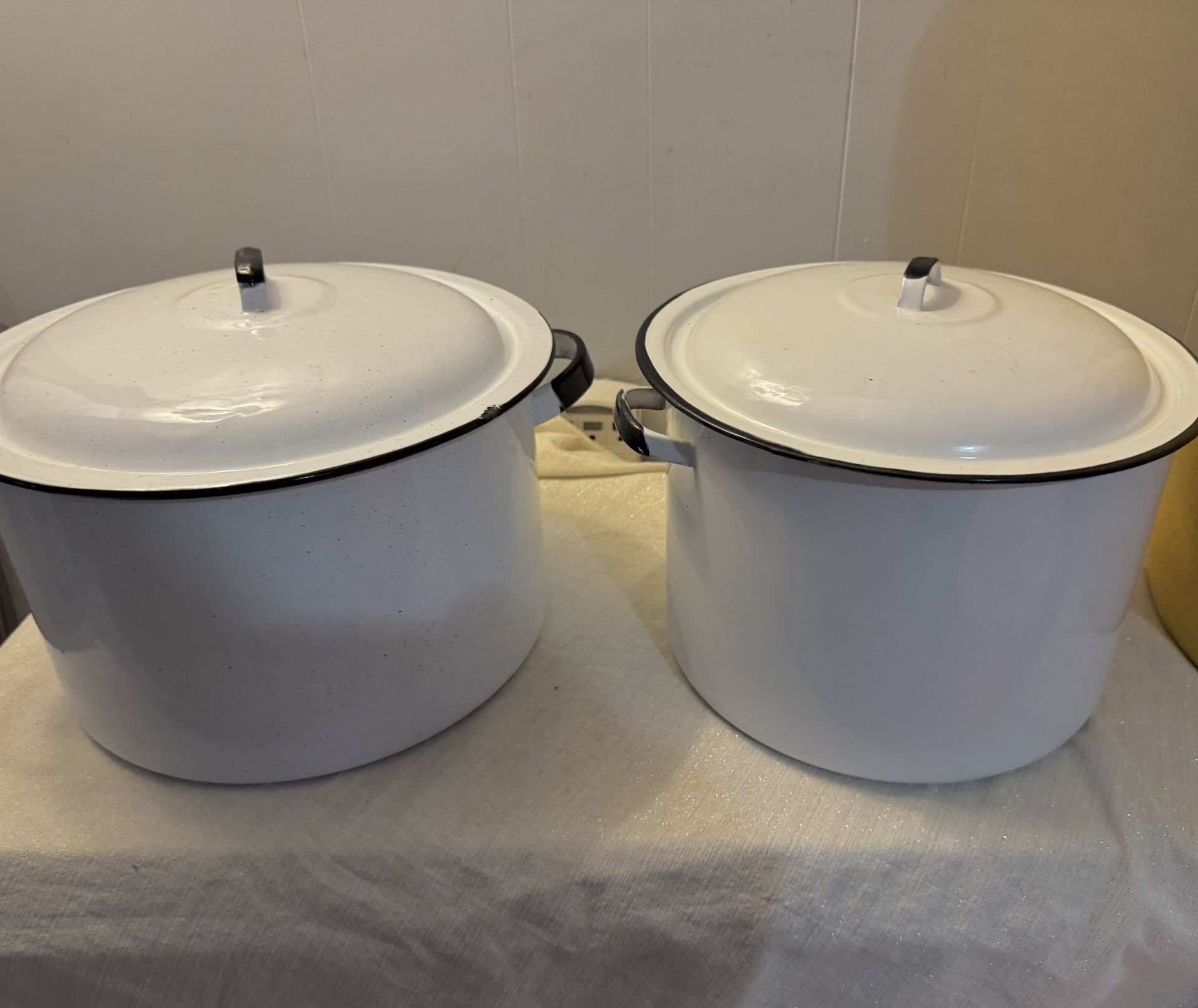 Lot Of Two White Enamel pots With Lids Vintage
