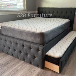 Full Twin Grey Frenchi Trundle Bed With Ortho Mattress Included!!