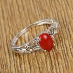 Coral Solitaire Ring in Sterling Silver (Size 6)