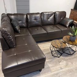 Brown Leather Sectional Couch Set And Ottoman 