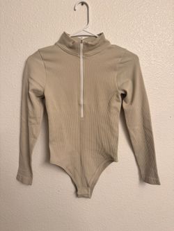 Beige Long Sleeve Zip Front One Piece Bodysuit Solid Opaque Women's Size Small