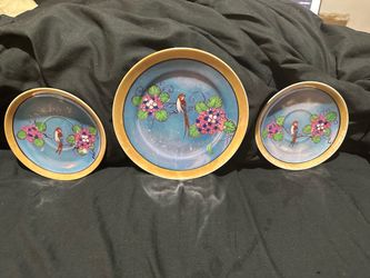 Vintage 1920s Hotta Yu Japanese Lusterware Plate & Saucer Set, Hand-Painted Bird and Blossom