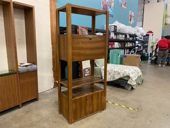 Wooden Open Frame Drop Leaf Shelving with Bottom Cabinet and “Ship’s Doctor” Plaque