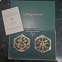 Reed and Barton 12 Days of Christmas Ornaments 1984 Day 3 & 4 in Box Silver Gold