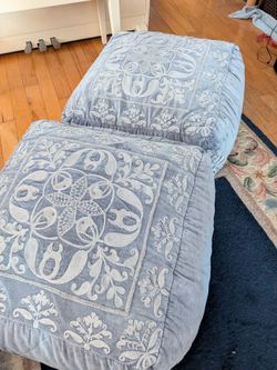 Pair of Blue Velvet Cushions Foot Rests Poofs