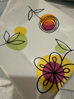 Square White Ceramic Plate Floral Design— 4 new plates