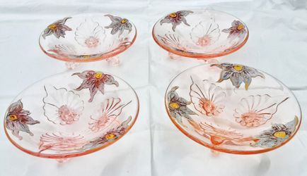 Antique pink depression glass tri footed floral salt dishes or tiny bowls