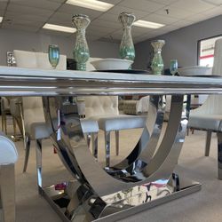 Kerwin White Marble & Mirrored Chrome Dining Table