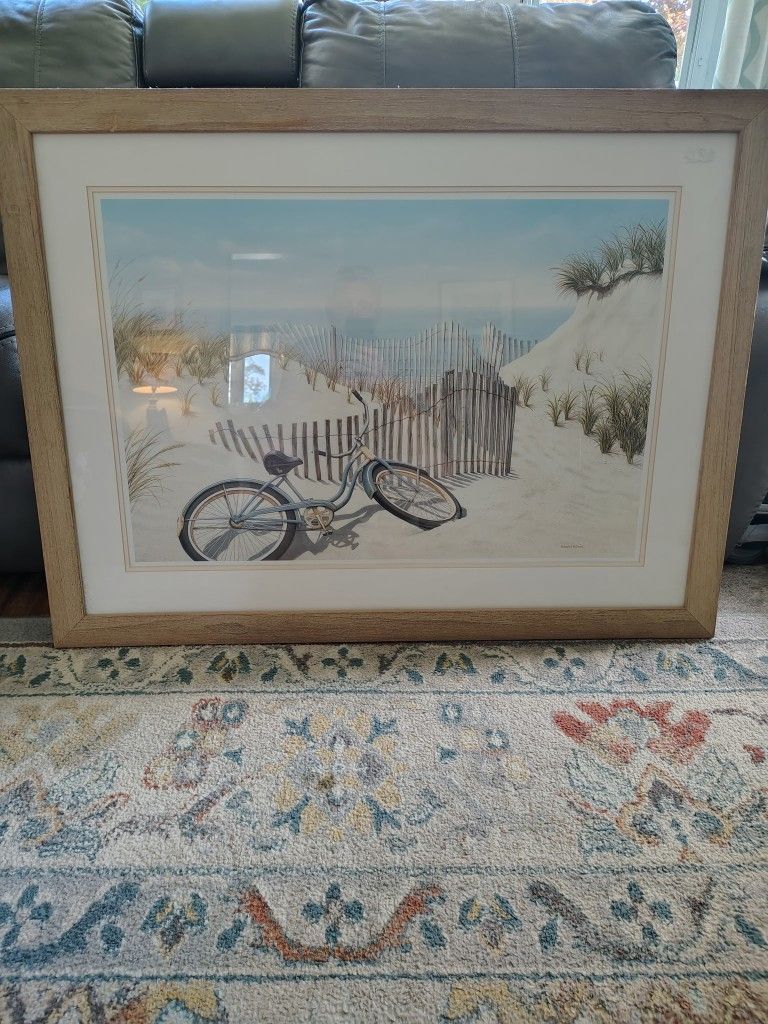 Bicycle By The Beach Print In Wooden Frame 