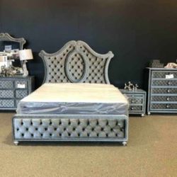 Cameo Gray Upholstered Panel Bedroom Set Bed, Dresser, Mirror, Nightstand, Chest 