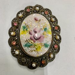 Vintage Oval Floral Hand-Painted Flower Cameo Pendant Pin Brooch Silver Tone