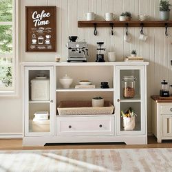 51" Large Buffet Sideboard Cabinet with 2 Glass Doors & Drawer, Coffee Bar Cabinet with Adjustable Shelves, Modern Sideboard Storage for Kitchen, Dini