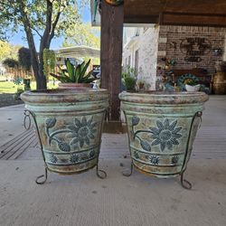 Turquoise Sunflower Clay Pots, Planters, Plants. Talavera, Pottery $85 cada una