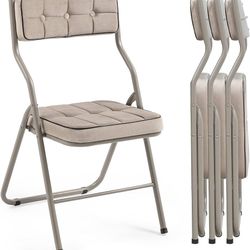 E194-Padded Folding Chairs 4 Pack - Foldable Dining Chair with Cushion, Portable and Assembled Extra Seat for Guests Kitchen Office Wedding Party Khak