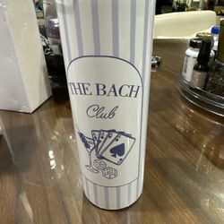 The item selected is a custom "The Bach Club" 20oz stainless steel bachelorette tumbler, featuring purple-and-white stripes and a poker-themed graphic