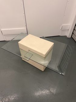 90s Postmodern Travertine Look & Glass Coffee Table