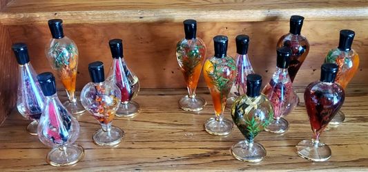 Vintage Egyptian Hand Blown Glass Botanical Oil Bottles Teardrop Lot of 13