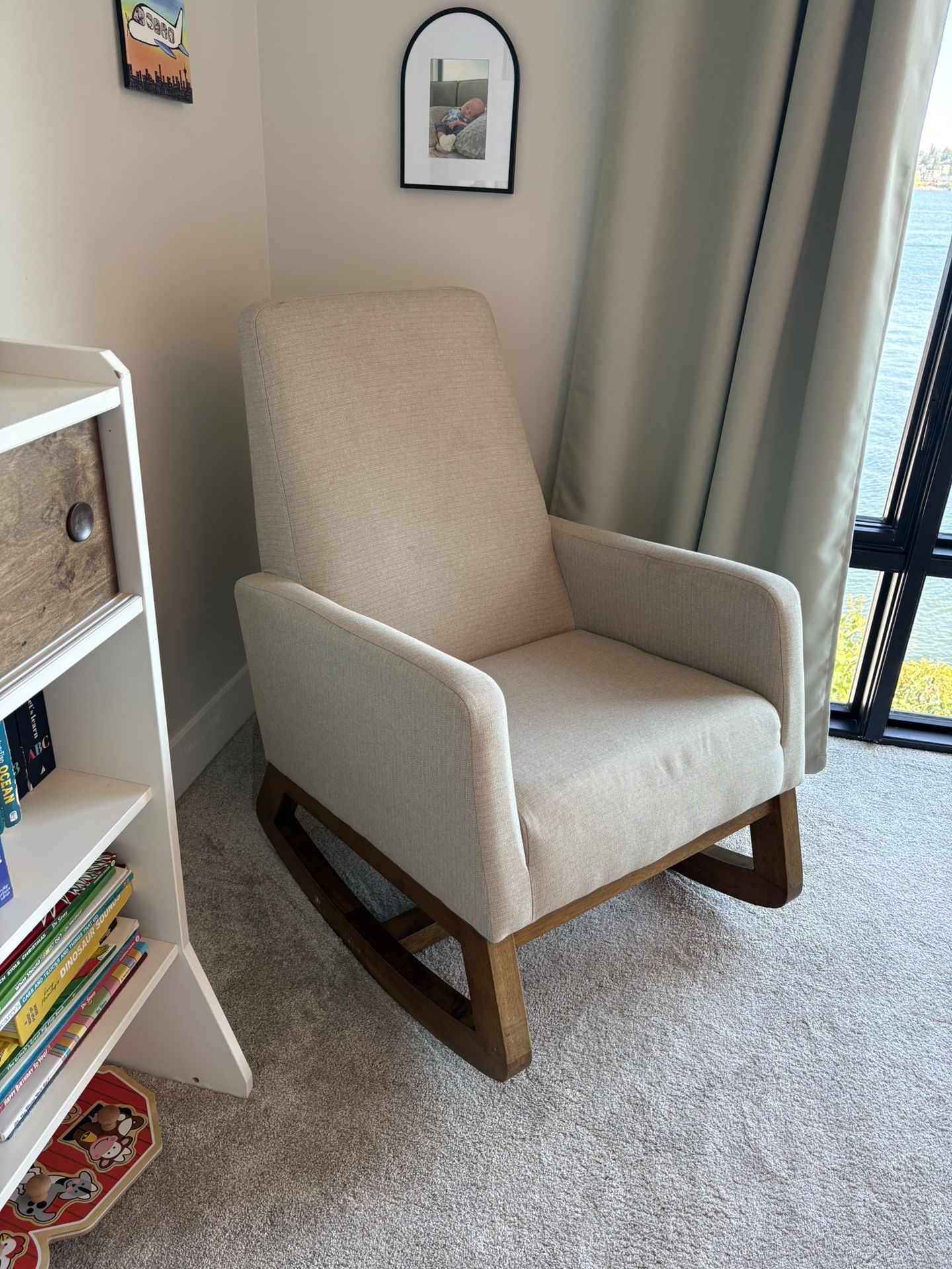Beige & Walnut Rocking Chair