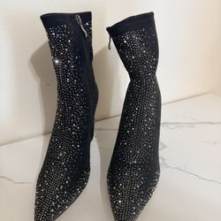 ISNOM Ankle RHINESTONE Boots for Women with Chunky Heel, Pointed Toe, Side Zipper Black