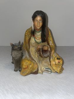 Vintage Native American Woman With Wolf Home  Decor, Native American Art, 6”