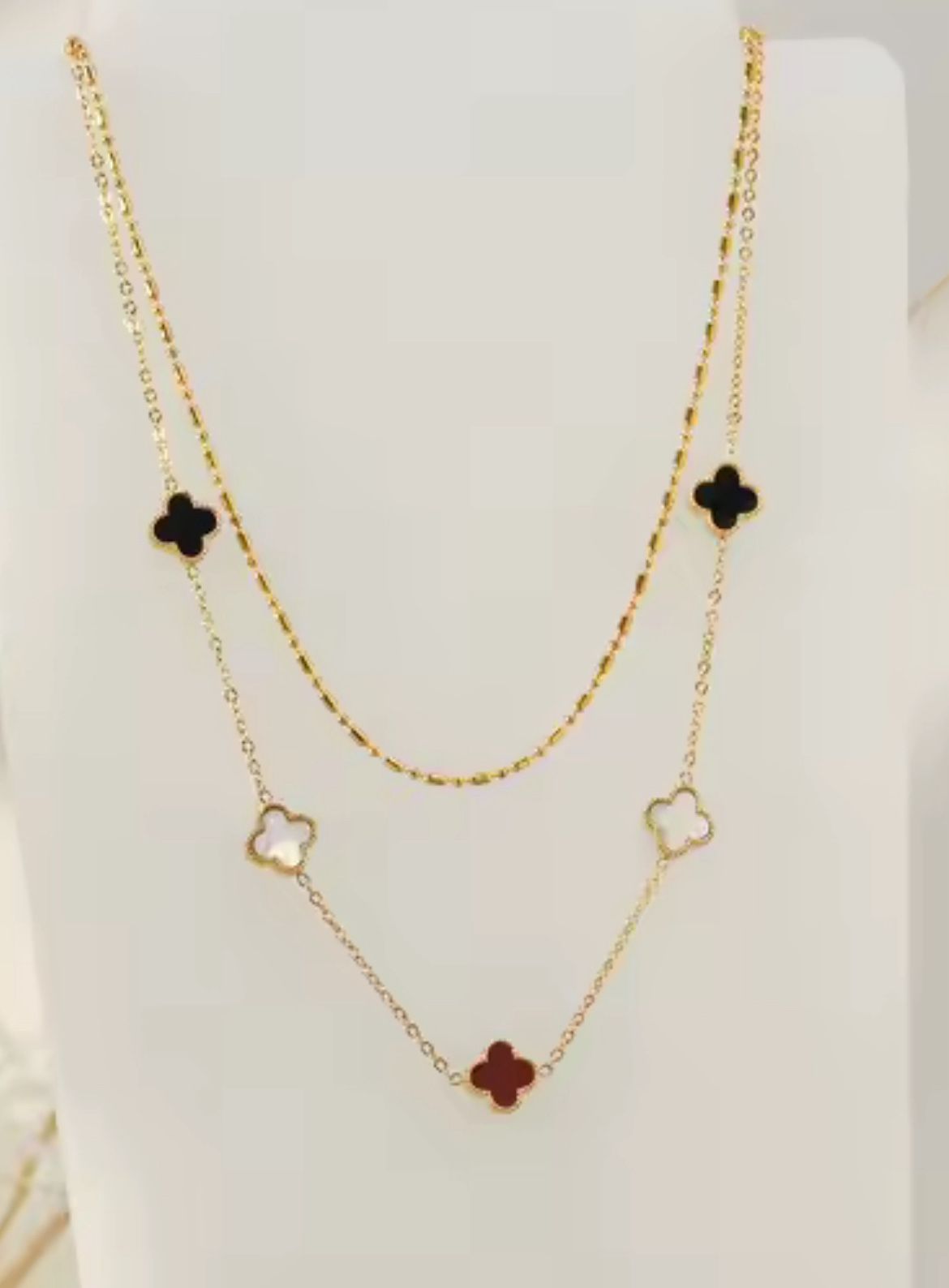 Stainless Steel 18K Gold-Plated Four-Leaf Flower Beaded Double Necklace Female
