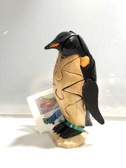 Handcrafted Artist Signed 3D Wooden Puzzle Of Penguin  By Gwen Hadland - Mouse Factory Hillsboro Oregon   Leather Wings  Instructions Attached - Eyepi