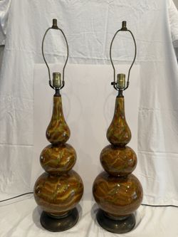 Pair of Mid-Century Modern Triple Gourd Glazed Table Lamps