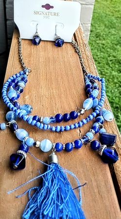 Blue Layered Gem Bead Necklace Set Boho