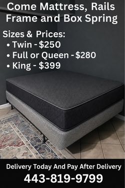 🌟 Queen Mattress, Box Spring, and Rails Frame Set - Delivery Today  And Pay On The Delivery