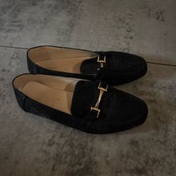 Black Suede Loafers with Gold Horsebit
