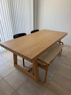 Wood dining table with chair and bench