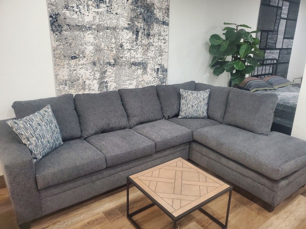 Beautiful Dark Gray Sectional With Chaise (New)