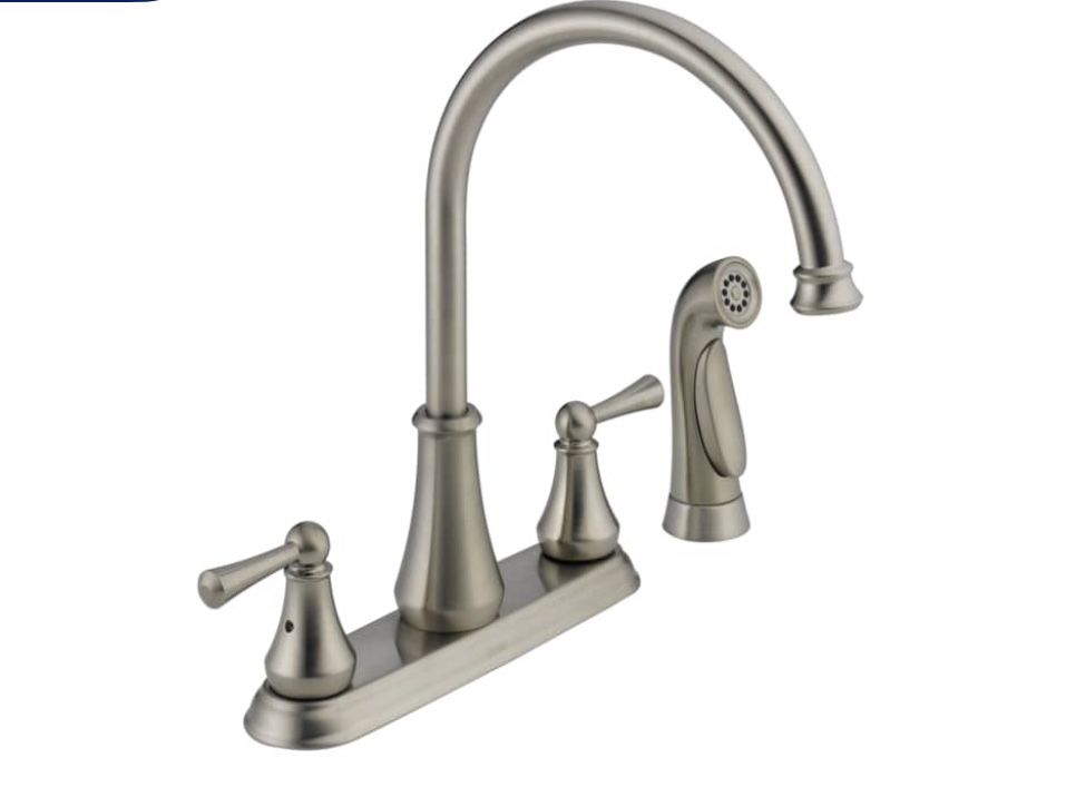 Delta Lewiston Stainless Double Handle Kitchen Faucet (Deck Plate and Side Spray Included)
