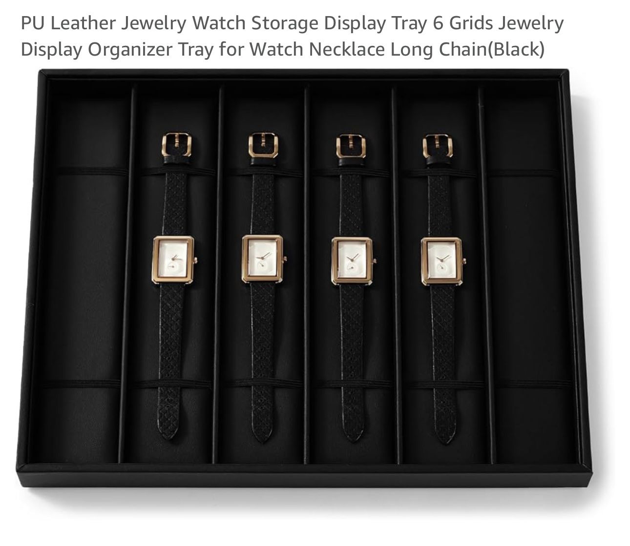 PU Leather Jewelry Watch Storage Display Tray 6 Grids Jewelry Display Organizer Tray for Watch Necklace Long Chain(Black)